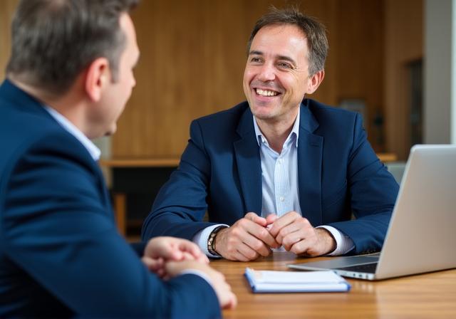 Professionista HR che discute strategie con un cliente in un ufficio moderno